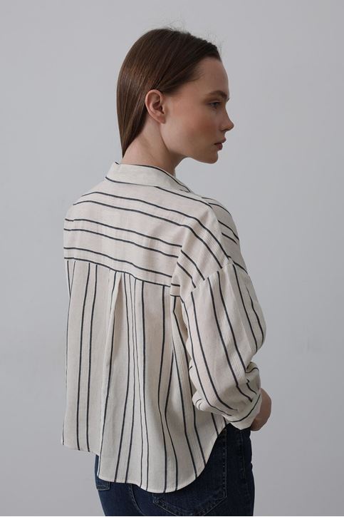 Çizgili Kısa Gömlek - Bej-Lacivert