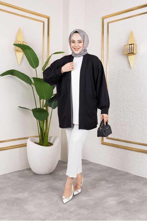 Cep Detay Atlas Hırka-Siyah