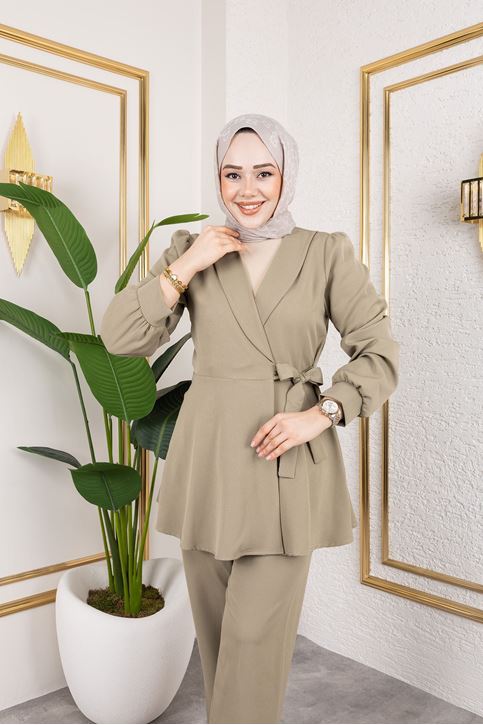 Kuşak Detay Ceketli Takım-Haki