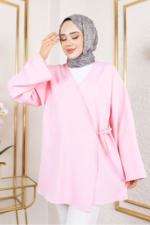 Yan Bağlamalı Atlas Tunik-Pembe