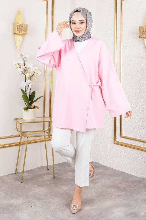 Yan Bağlamalı Atlas Tunik-Pembe